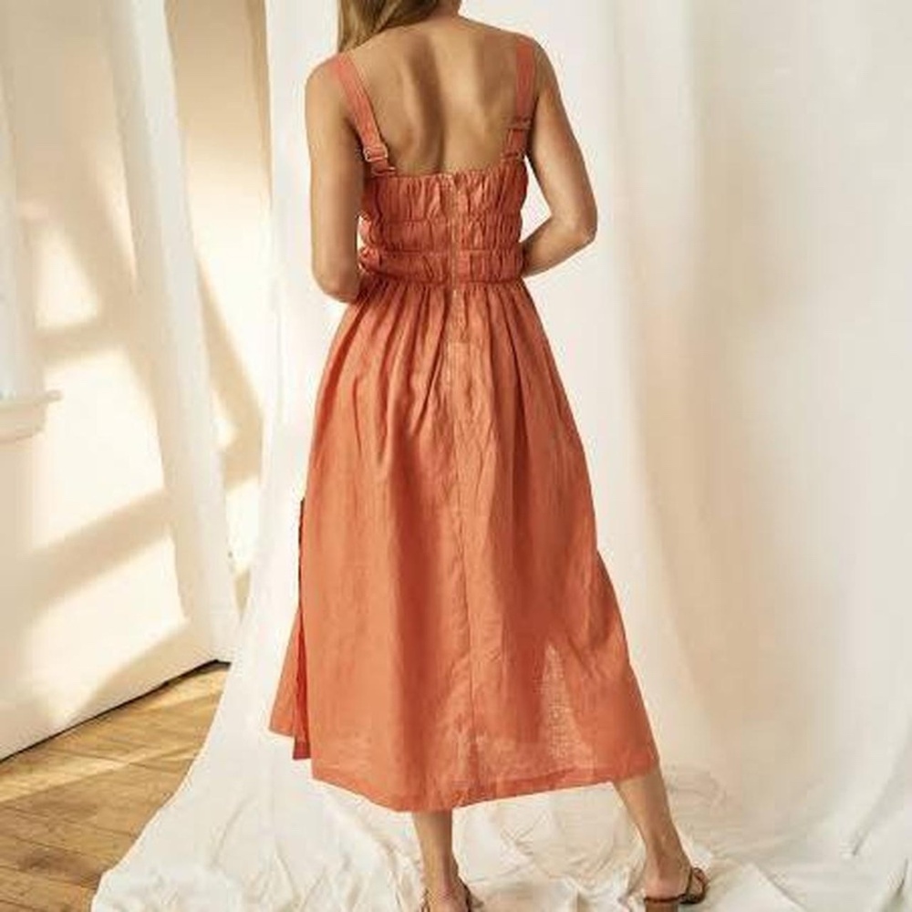 Mon Renn Papaya Linen Midi Dress Cutout Smocked Strappy Slit Size 8 - Picture 3 of 10